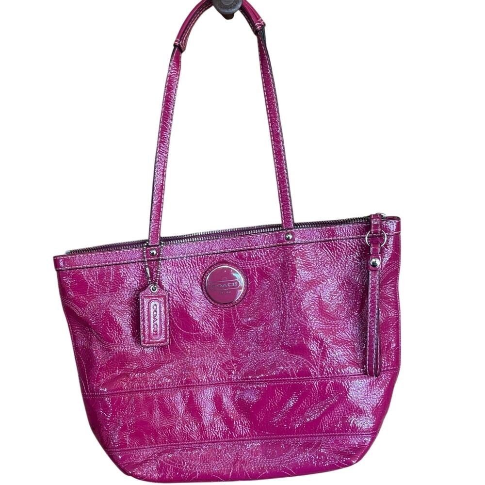 Vintage Coach Signature Stripe Stitched Patent Leather Tote